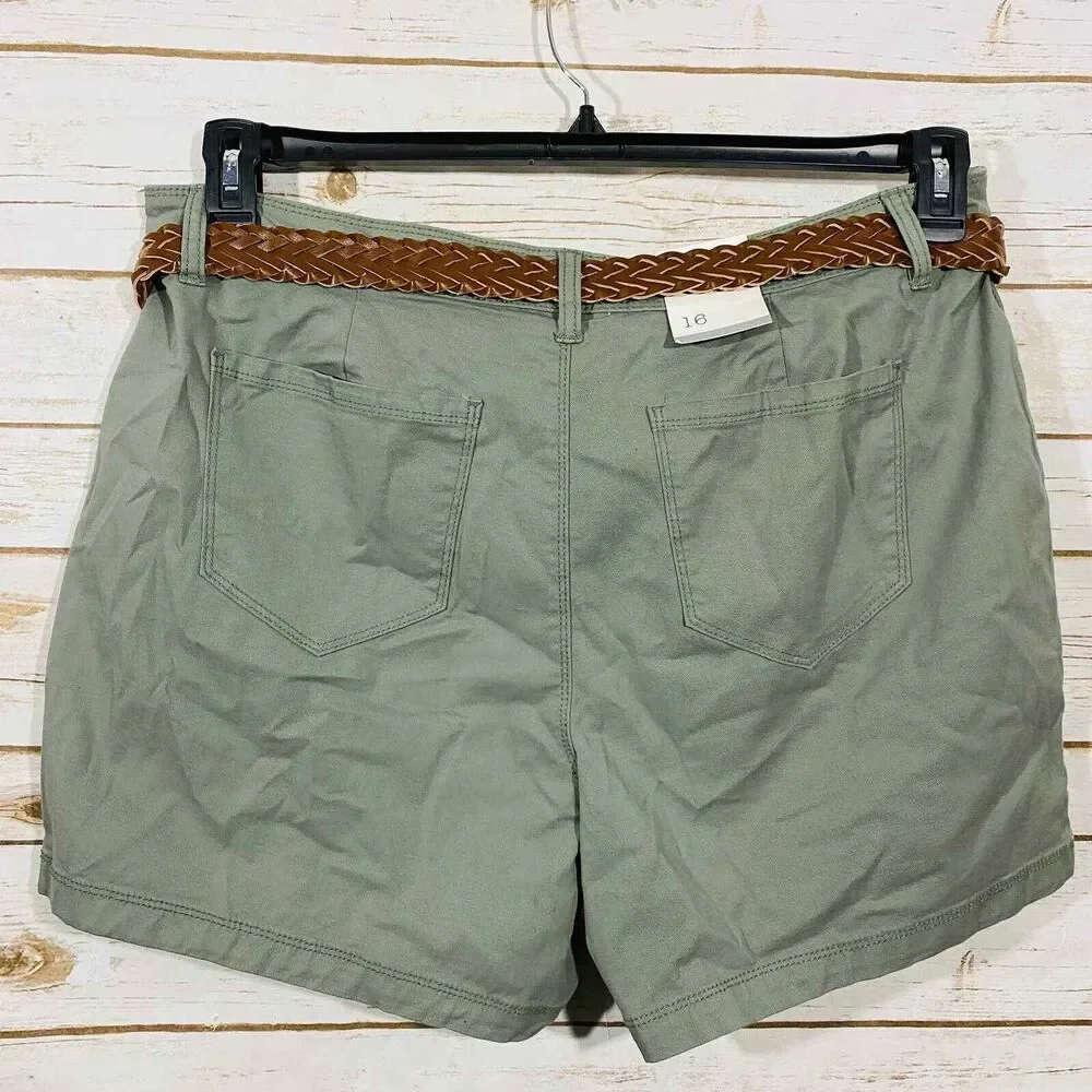 Style & Co Women's SZ 16 Shorts Chinos Green Belted Flat Front Pockets Mid-Rise
